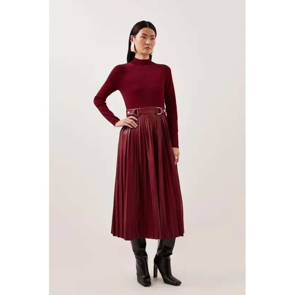 Karen Millen Midi Dress Womens M Burgundy NWT Petite Pu Knit Pleated Skirt Chic